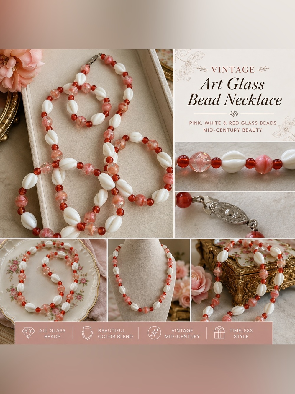 Vintage Pink, White & Red Art Glass Bead Necklace